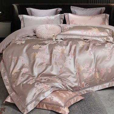 Luxury Pink Silver Floral European Jacquard Satin Bedding set